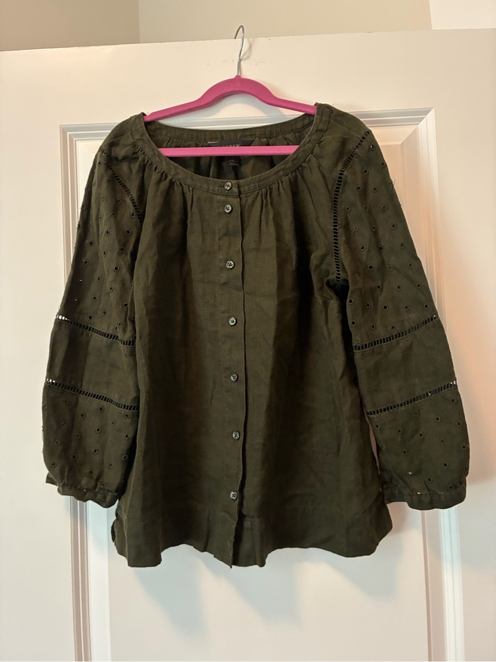 J. Crew Olive Green Button-Front Eyelet Linen Top